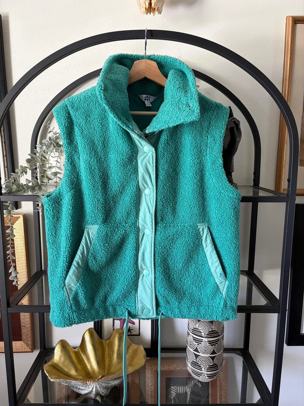 JoyLab Womens S High Pile Fleece Vest Turquoise Green Snap Front Sherpa